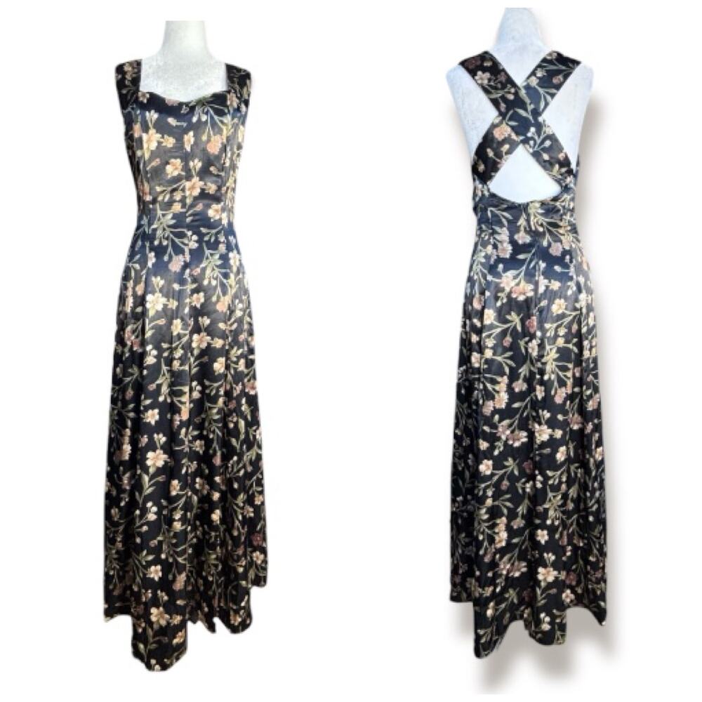 Vintage All That Jazz Dark Floral Criss Cross Open Back Midi Dress Romantic Boho